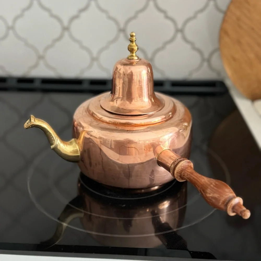 Vintage Copper Coffee  Pot With Side Wooden Handle bell on Top  Mexico